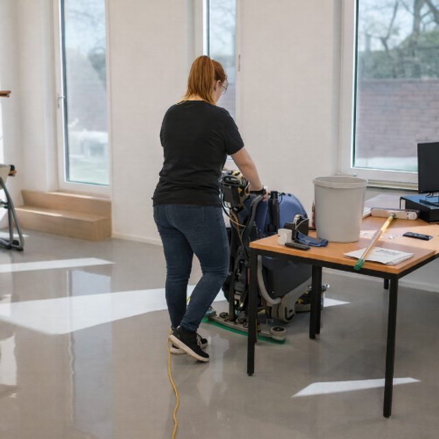 Een medewerker van Brandtschoon die met een schrobmachine een bedrijfsruimte reinigt.